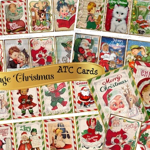 VINTAGE KERST ATC Junk Journal plakboekkaarten ouderwetse retro leuke tags collageblad vakantielabels direct downloaden afdrukbare diy