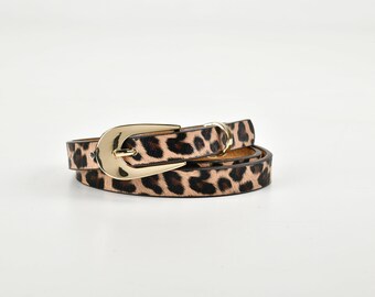 Ladies Leopard Belt Made with Real Leather with Circular Gold Buckle Detail