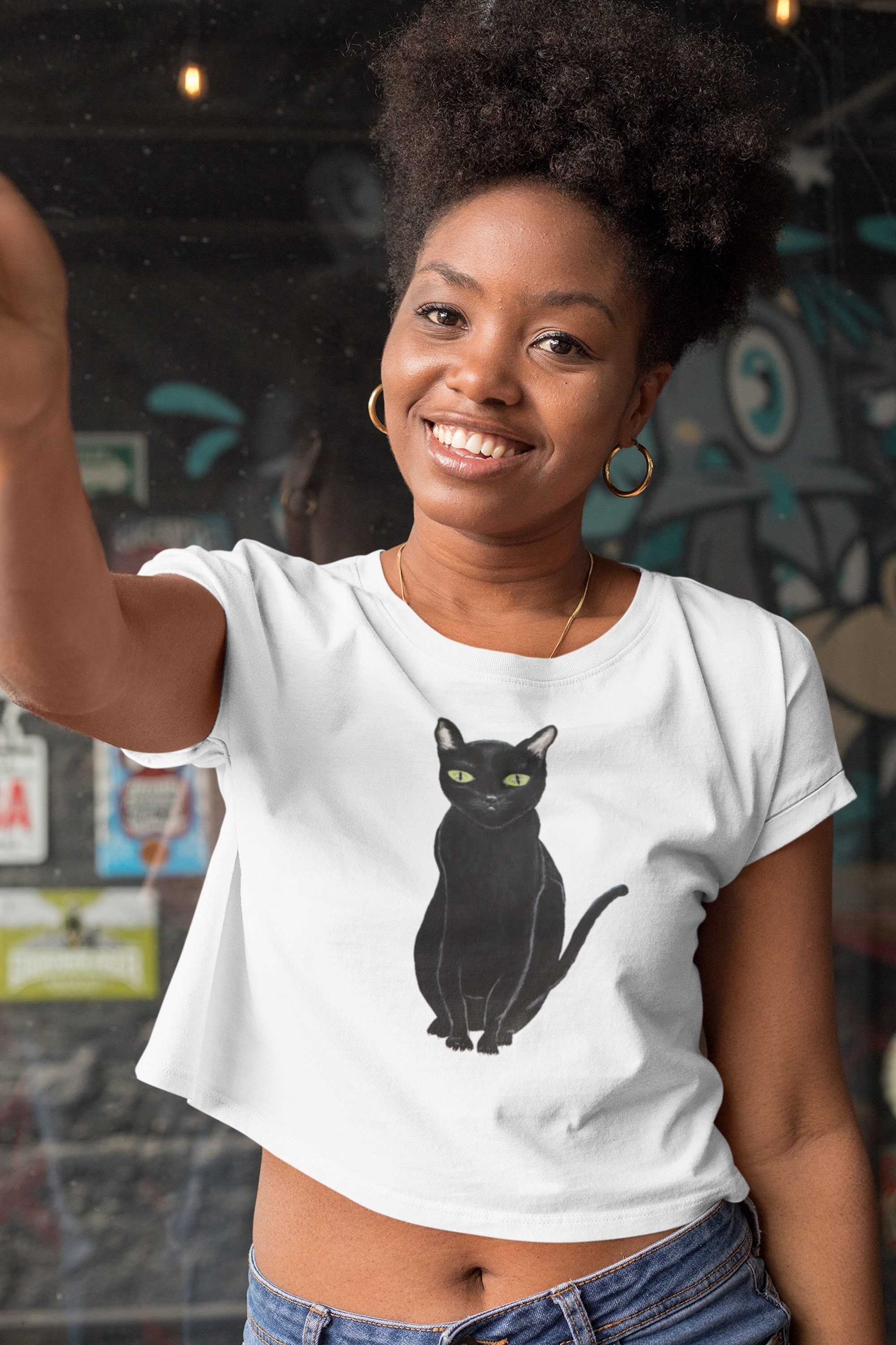 Black Cat Crop Top Painted Animal TShirt Summer Crop Etsy