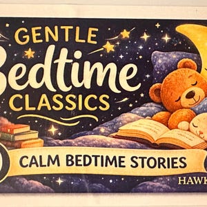 May include: A rectangular illustration with a night sky theme. It features a sleeping teddy bear and bunny, a smiling moon, and the text "GENTLE Bedtime CLASSICS" and "10 CALM BEDTIME STORIES".