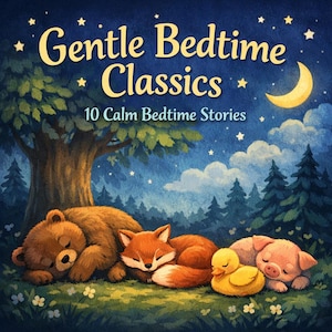 May include: Illustration of a children's book cover titled "Gentle Bedtime Classics." The image features a bear, fox, duck, and pig sleeping peacefully under a tree and a crescent moon. The background is a starry night sky with a forest.