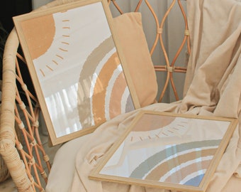 Stampa artistica con sole arcobaleno neutro, decorazione per cameretta dei bambini in stile boho