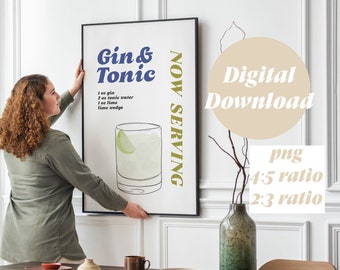 Cocktail mit Rezept Gin & Tonic Cocktailzutaten Küchengeschenke Digitaler Download druckbare Kunst