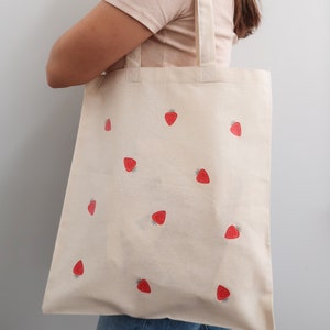 Strawberry Tote Bag, Canvas Tote Bag, Pink, Green Graphic Tote Bag, Shoulder Tote Bag