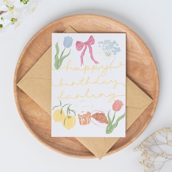 Girly Birthday Card, Happy Birthday Darling Cards,  Blank Birthday Card for Someone Special