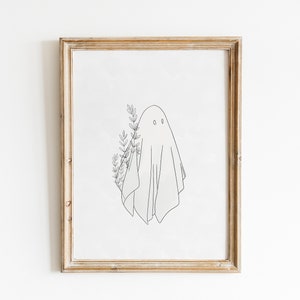 Floral Spooky Ghost Art Print, Vintage Line Art Ghost, Wall Decor, Halloween Decor, Spooky Season