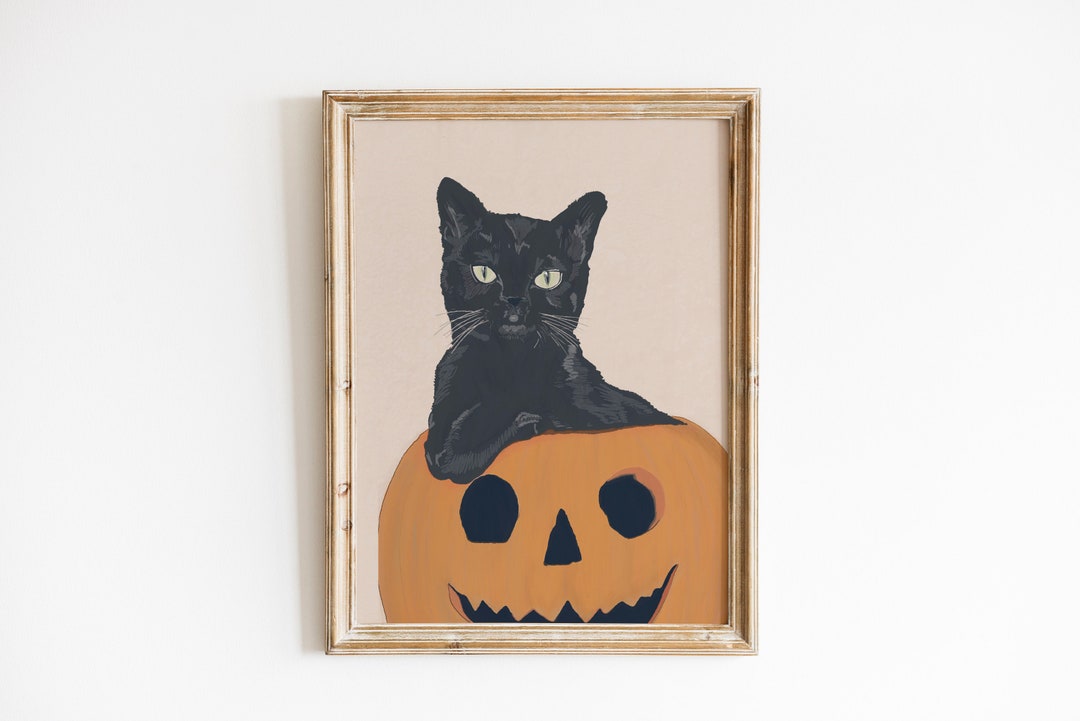 Black Cat Sitting in Pumpkin Art Print, Wall Decor, Halloween Decor ...