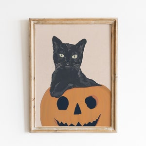 Black Cat Sitting in Pumpkin Art Print, Wall Decor, Halloween Decor, Spooky Season