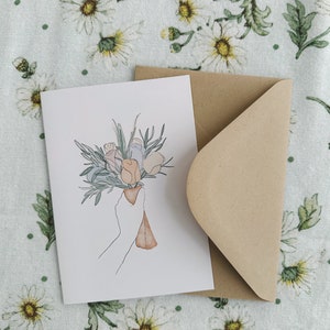 Flower Bouquet Card, Thank You Card, Bridal Shower Card, Birthday Card, Minimal Blank Card for Someone Special