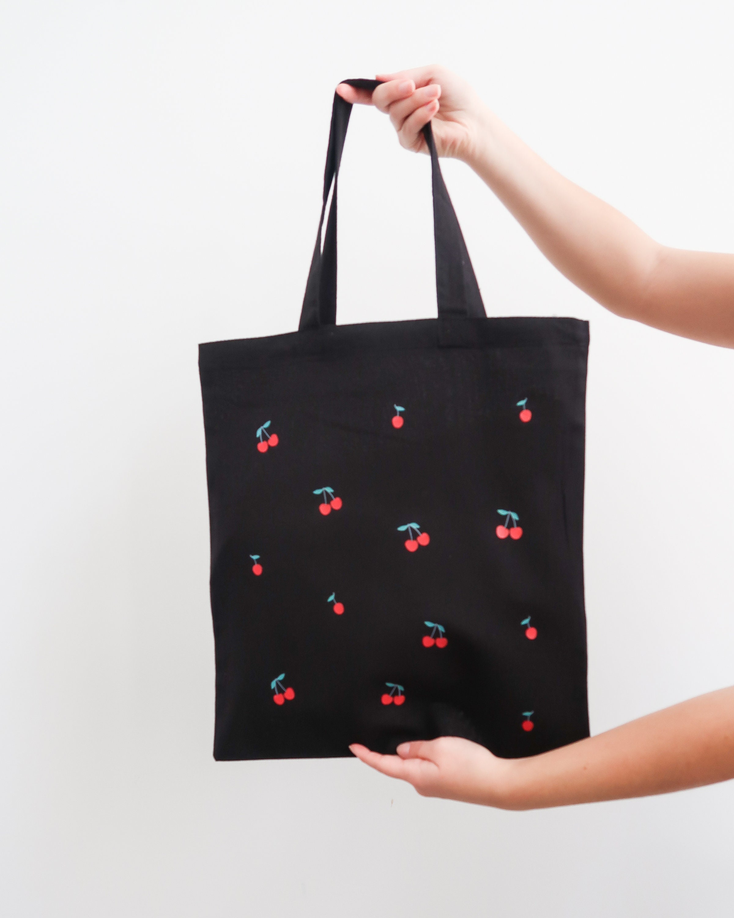 Cherry Tote Bag, Pink, Black, Blue Tote Bags, Graphic Tote