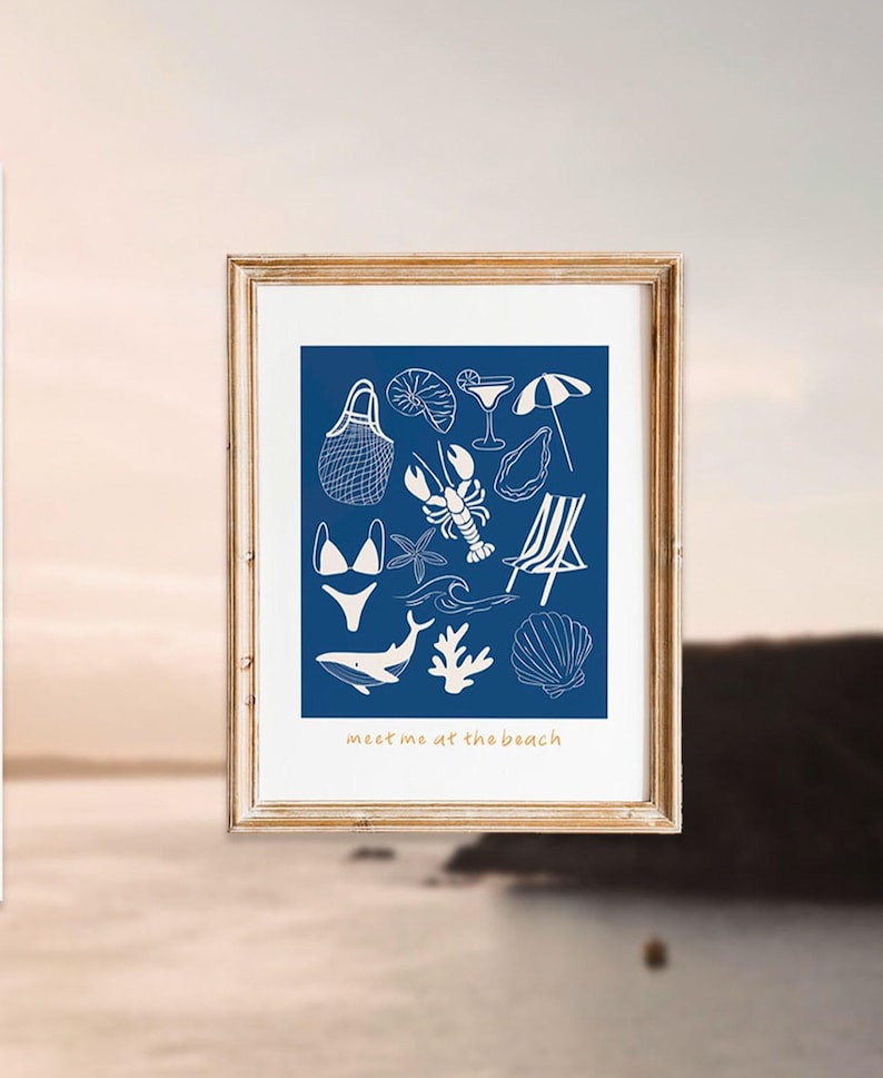 May include: A blue and white illustration of various beach-themed items, including a beach bag, a lobster, a seashell, a starfish, a swimsuit, a whale, a wave, a cocktail, an umbrella, and a beach chair. The text "meet me at the beach" is written in gold at the bottom of the illustration.