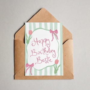 Happy Birthday Bestie Card – Cute Retro Bow Aesthetic | Best Friend Birthday Gift | Cottagecore Greeting Card