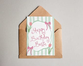 Tarjeta de Feliz Cumpleaños para Mejor Amiga: Lazo Retro / Regalo de Cumpleaños para Mejor Amiga / Tarjeta de Felicitación Cottagecore