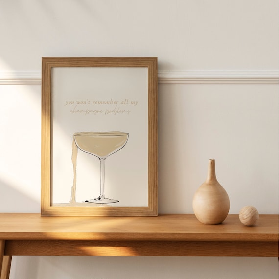 Champagne Wall Art, Chic Bar Cart Decor, Neutral Cocktail Print, Home Bar Decor, Modern Kitchen Wall Art