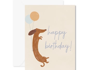 Birthday Dachshund with Balloons Card, Wiener Dog Card, Birthday Card Illustration, Blank Birthday Card for Someone Special