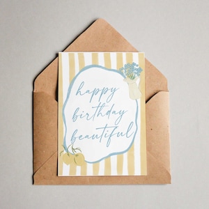 Happy Birthday Beautiful Card, Cottagecore Birthday Card for Her, Feminine Floral & Lemon Card, Aesthetic Gift for Friend