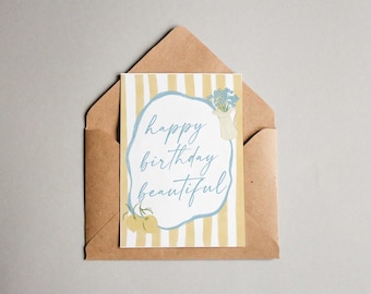 Hermosa tarjeta de feliz cumpleaños, tarjeta de cumpleaños estilo cottagecore para ella, tarjeta femenina con flores y limón, regalo estético para una amiga.