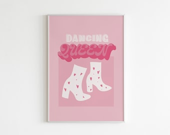 Dancing Queen Art Print, Retro Disco Wall Art, Pink Aesthetic, Pink Wall Decor, Heart Boots Print