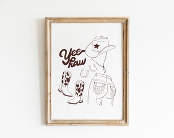 Yee Haw Cowgirls Art Print, Illustrated Retro Wall Art, Cowboy, Country Western Art Print