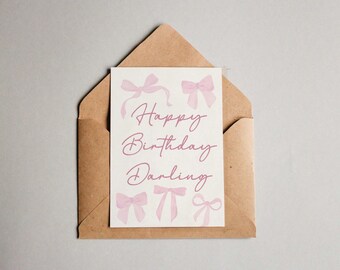 Happy Birthday Darling Card – Cute Pink Bow Aesthetic, Best Friend Birthday Gift, Coquette Greeting Card