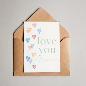 Carte Je t'aime maman - Coeurs aquarelles colorés, carte de fête des mères pour maman, cadeau mignon et sentimental pour la fête des mères
