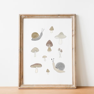Wild Mushroom & Snails Art Print, Earthy Wall Decor, Cottage Core Decor, Botanical Kitchen Vintage Print, Mushrooms Poster