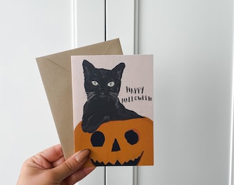 Black Cat Halloween Card, Pumpkins, Happy Halloween Card, Spooky Season Greeting Card,