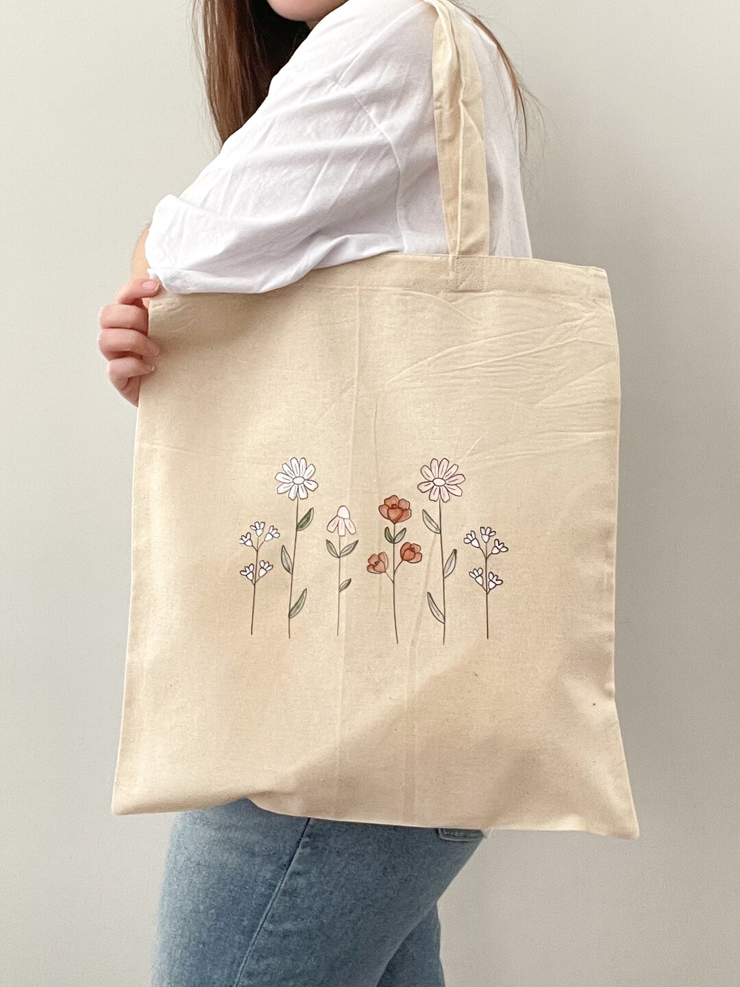 4 Pcs Floral Canvas Tote Bag for Women Teenagers Minimalist
