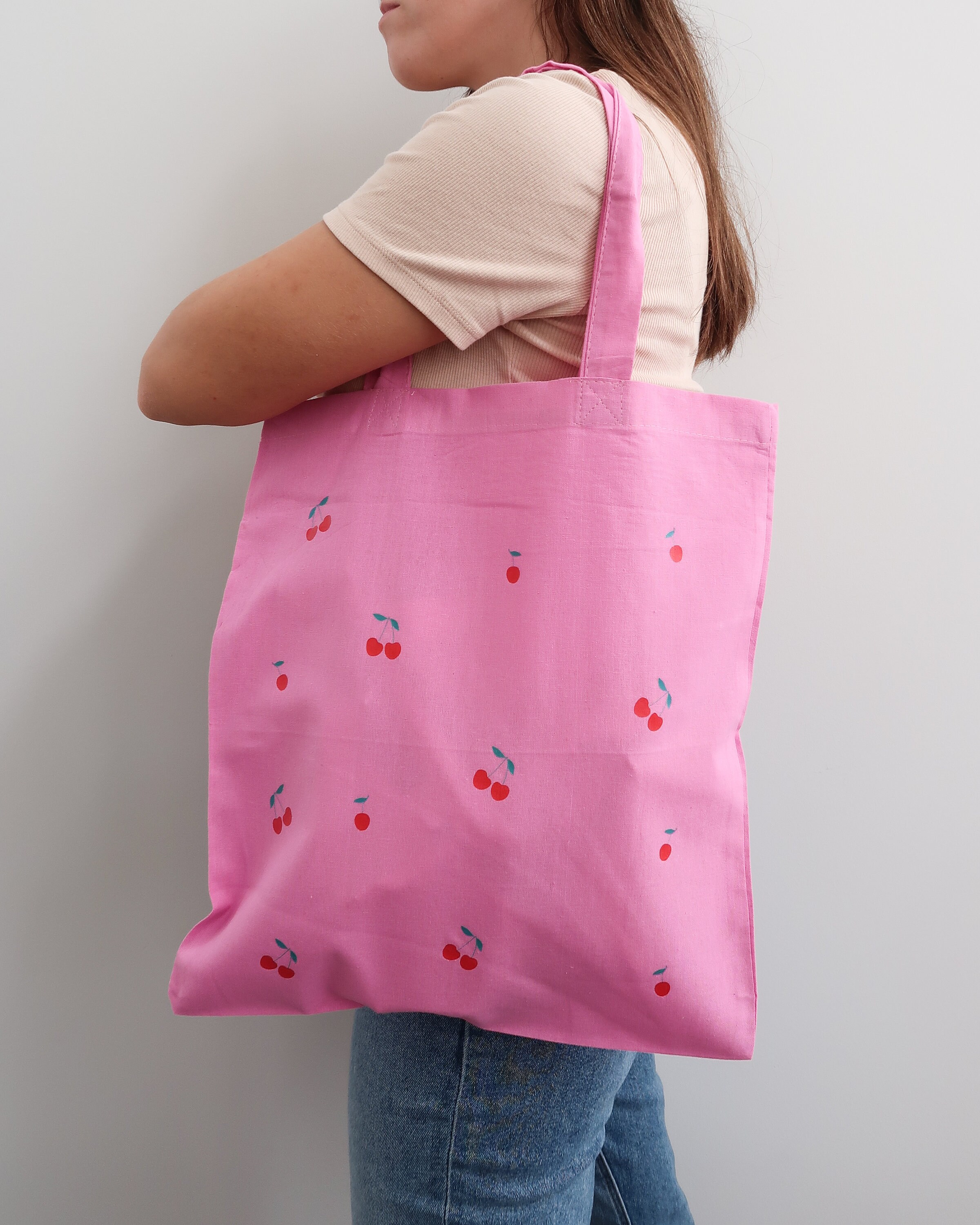 Cherry Tote Bag, Pink, Black, Blue Tote Bags, Graphic Tote