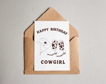 Happy Birthday Cowgirl Card, Western Birthday Card for Her, Cute Cowgirl Boots & Hat, Country Girl Birthday Card