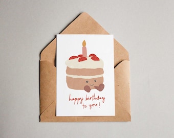 Plushy Birthday Cake Illustration, Cute Happy Birthday Card Blank Birthday Card for Someone Special