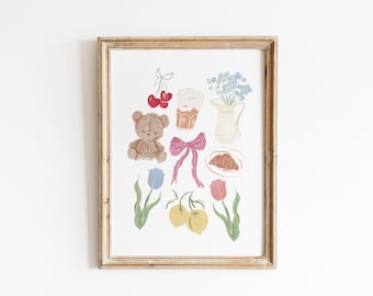 Girly Coquette Art Print, Iced Coffee, Croissant, Bows