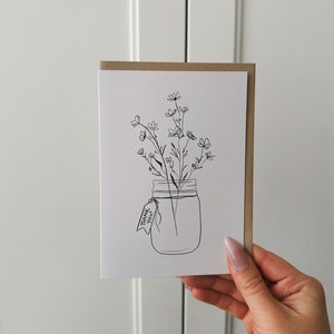 Mason Jar with Flowers, Thank You Card, Greeting Card, Modern Floral, Thank You Note, Minimal Illustration, Floral Drawing