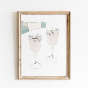 Champagne Wall Decor, Illustrated Cocktail Art Print, Kitchen Wall Decor, Drink Bar Decor, Cocktail Art