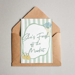 Carte de douche nuptiale Elle vient de sortir du marché, carte de douche de mariage dans le jardin, carte de célébration