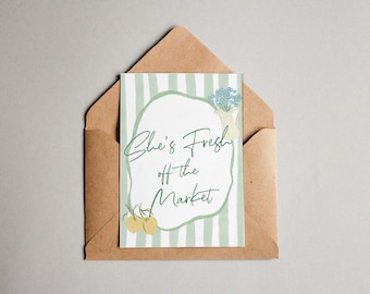 She's Fresh Off The Market Bridal Shower Card, Garden Wedding Shower Card, Celebration Card