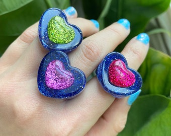 Dark Blue Glittery Ring |  Heart Ring | Resin ring | Y2K Ring | Colorful Ring | Funky Ring | Plastic Ring | Fashion Colorful acrylic Rings