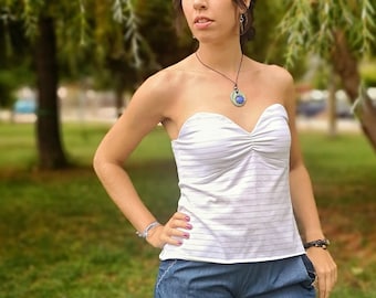White and Gray Strapless Knit Crop Top, Boho Sweetheart Neckline Tube Top, Summer Festival Bandeau Shirt for Women