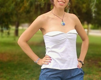 White and Gray Ruched Fitted Bandeau Top, Striped Sweetheart Strapless Top, Boho Summer Tube Top for Women, Convertible Strapless Top