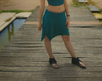 Green Pixie Wrap Skirt with Asymmetrical Hem, Forest Boho Short Layered Skirt, Fairy Festival Skirt with Floral Waistband