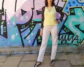 Yellow Lace Sleeve Top and White Pants Set, Long Sleeve Lace Blouse and High Waist Trousers, Unique Artisan Clothing, Dark Boho Set