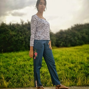 Ensemble haut à manches longues et pantalon en jean imprimés, tenue deux pièces pour femme, chemise en tricot bohème et jean à fleurs