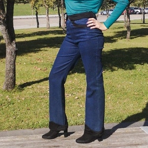 70s Flare Jeans with Black Hem, High Waisted Bell Bottom Pants, Boho Denim Pants with Pockets, Festival Retro Denim Trousers For Women