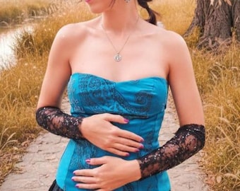 Black Lace Arm Warmers, Fingerless Gothic Gloves for Women, Sequin Lace Sleeves for Boho or Evening Outfits