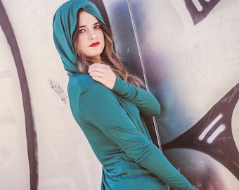 Green hooded top, Long sleeves blouse, Boho cowl neck top, Boho hoodie top, Long elven top, Festival sweatshirt for women