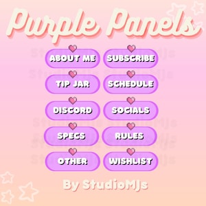 Słodkie fioletowe panele Twitch Stream z pikselami w kształcie serca
