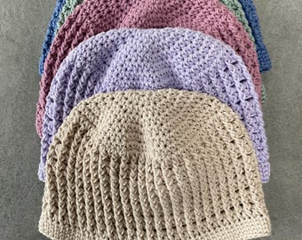Handmade Crocheted Cotton Beanie, Lightweight Summer Hat