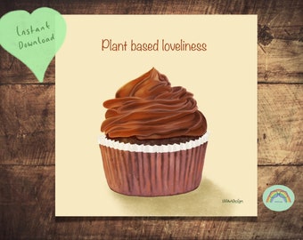 Cadeau parfait pour les végétaliens, art alimentaire à base de plantes, cupcake au chocolat imprimable, téléchargement instantané du mur de la galerie