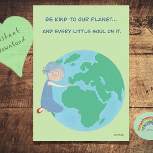 Print Be Kind To Our Planet, illustratie meisje knuffelen aarde (digitale download)