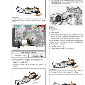 May include: A diagram showing how to refill and bleed the cooling system on a snowmobile. The diagram shows the location of the coolant tank and the steps involved in the process. The diagram also includes a table showing the tightening torque for the coolant hose clamp.